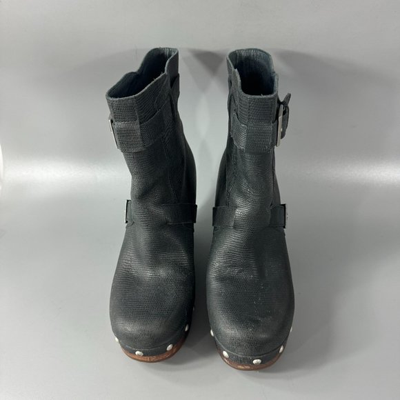 UGG Black Leather "Taryn" Wooden Wedge Mid Calf Boots, Size 7 - Picture 5 of 13